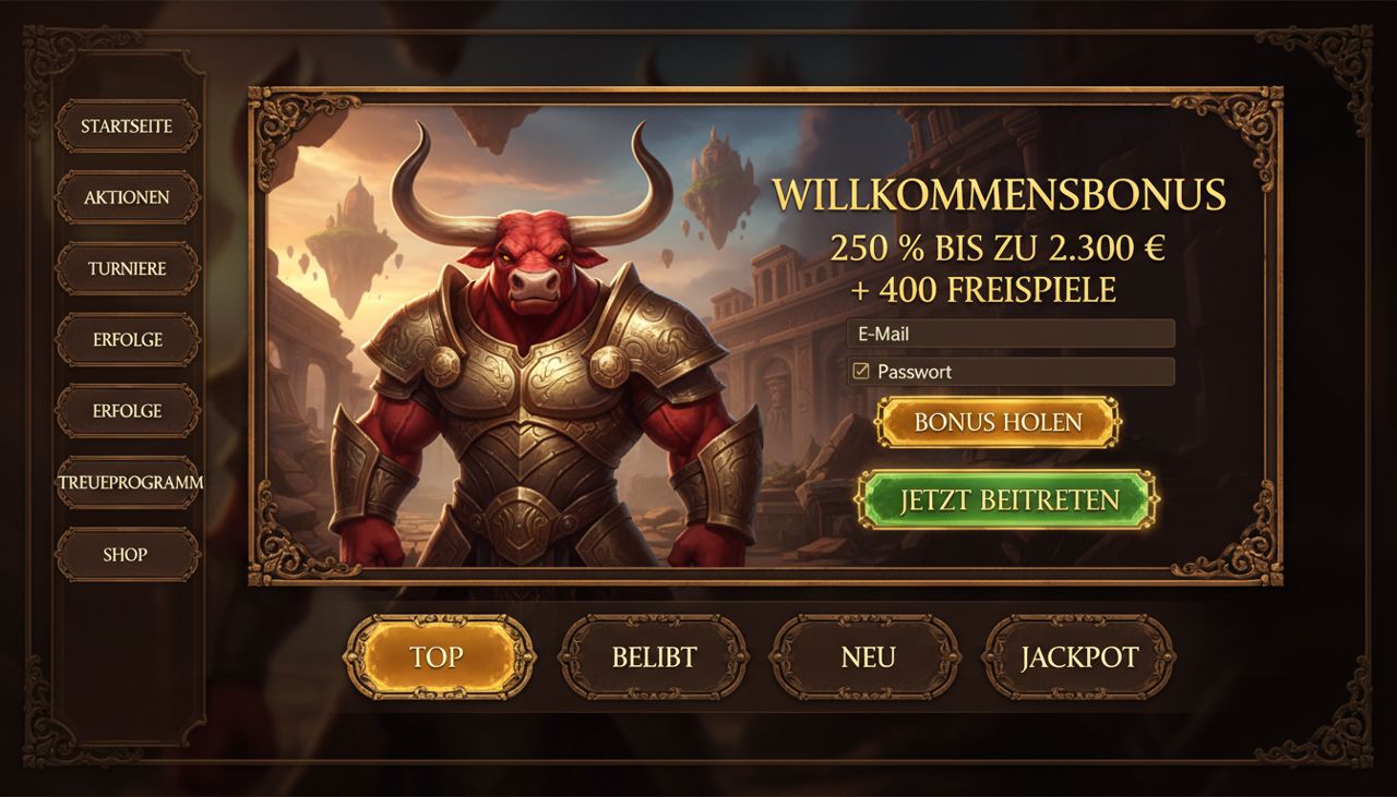 Startseite von Mino Casino mit Willkommensbonus und Spielkategorien
