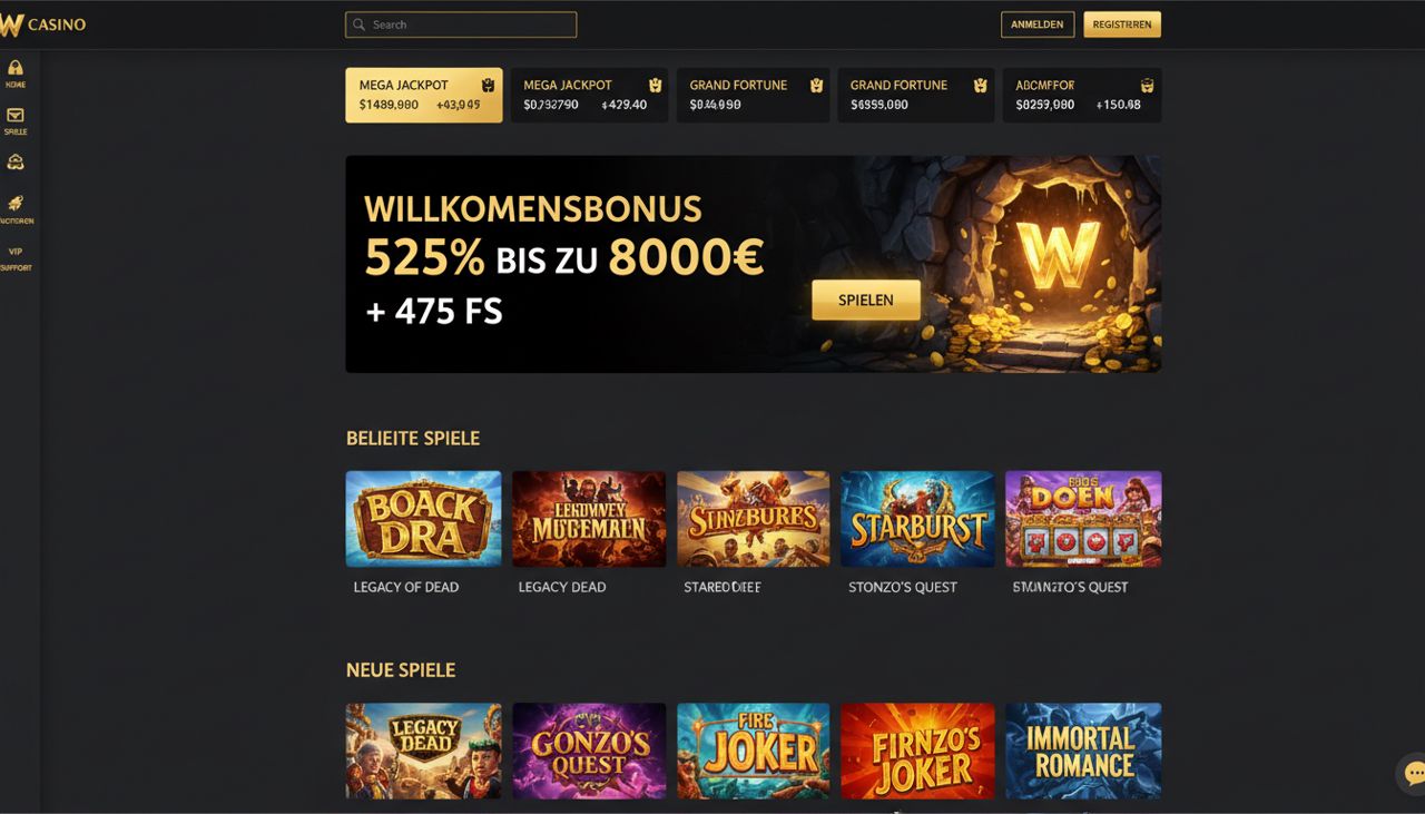Startseite von Winhero mit Willkommensbonus-Banner und Übersicht der Slots