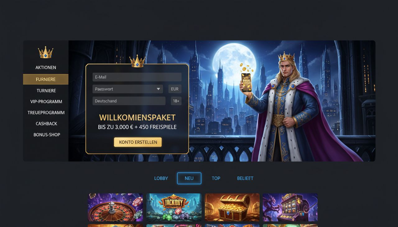 Startseite von King Billy mit Registrierungsformular und Spielübersicht