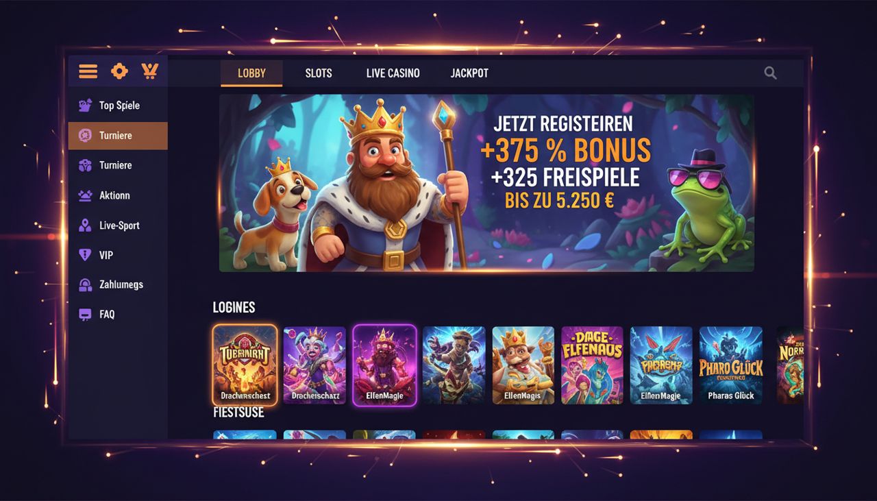 Lobby von Dazard Casino mit Bonusbanner, Spielkategorien und Slot-Übersicht