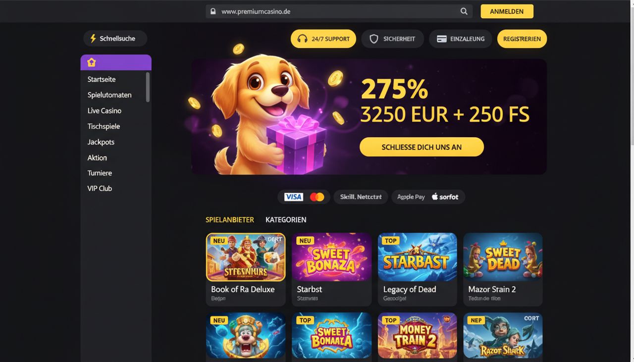 Startseite von Zoome mit Willkommensbonus, Spielkategorien und Zahlungslogos